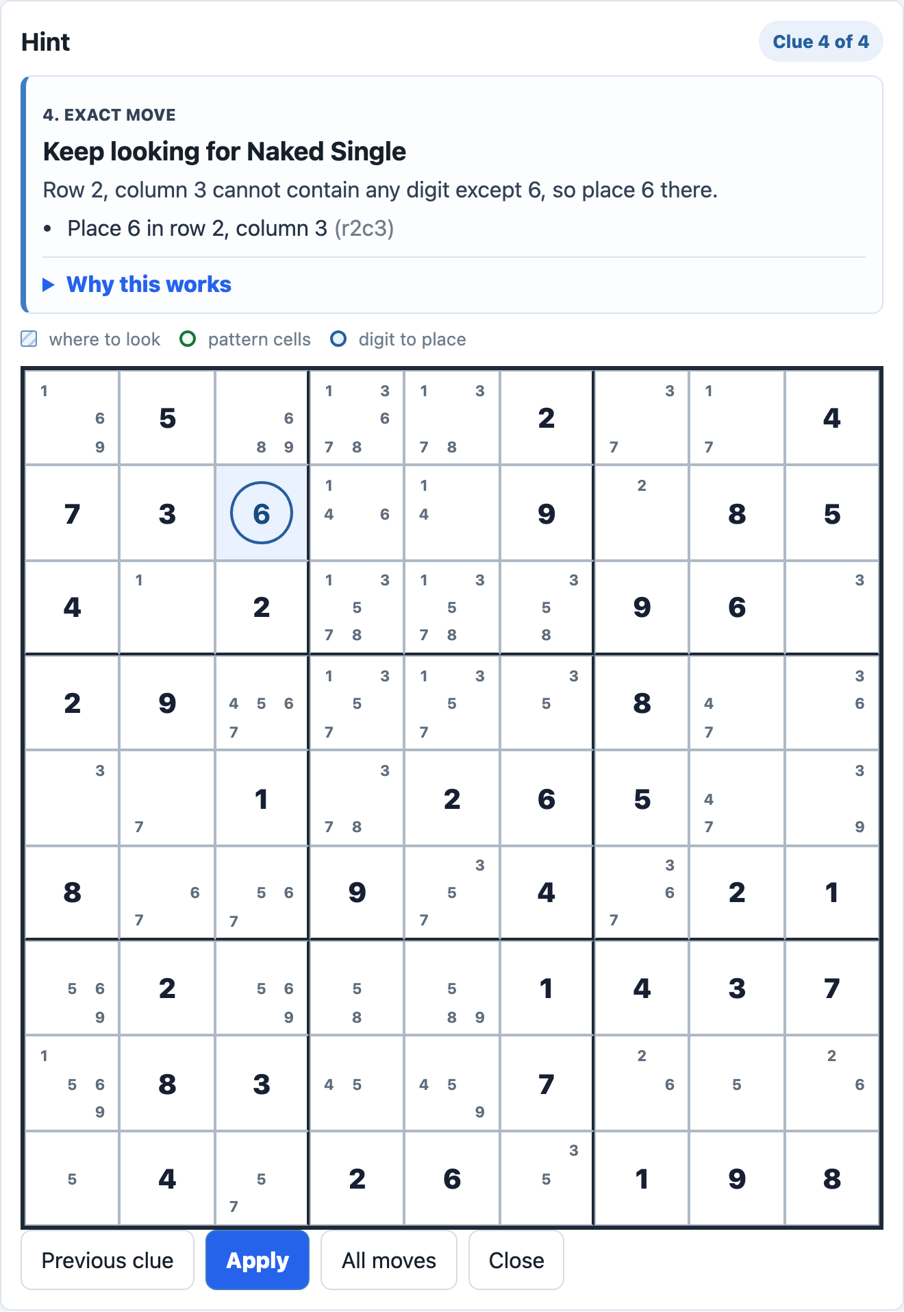 Sudoku Pilot showing a Naked Single explanation, 6 placed in row 2 column 3, and the complete board